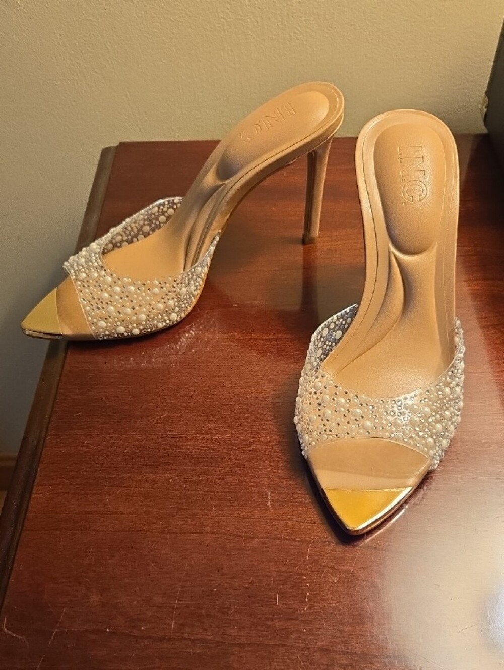 INC International Concepts Nude Pearl-Embellished Open-Toe Heels NIB TRIED ONLY